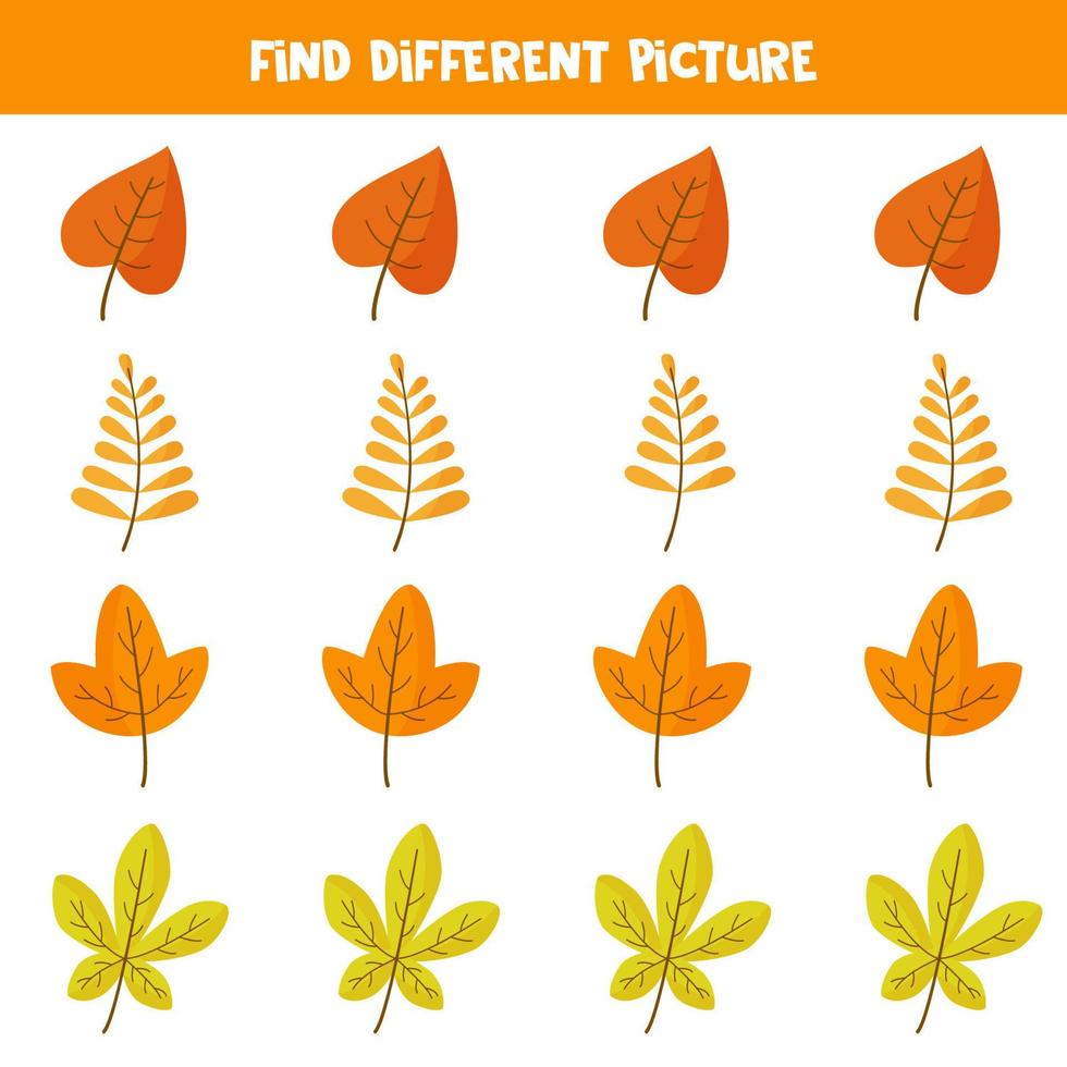 Find autumn leaf which is different from others. Worksheet for kids. vector