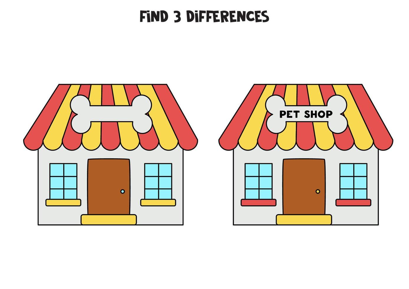 Find 3 differences between two cartoon pet shops. vector