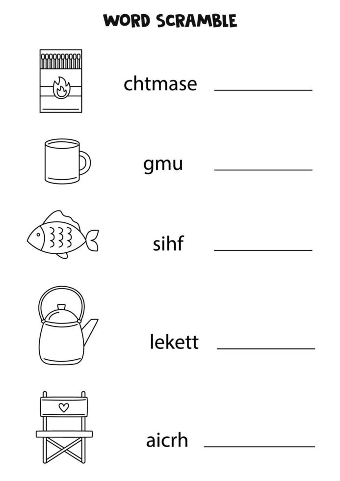 Puzzle for kids. Word scramble for children. Black and white puzzle. vector
