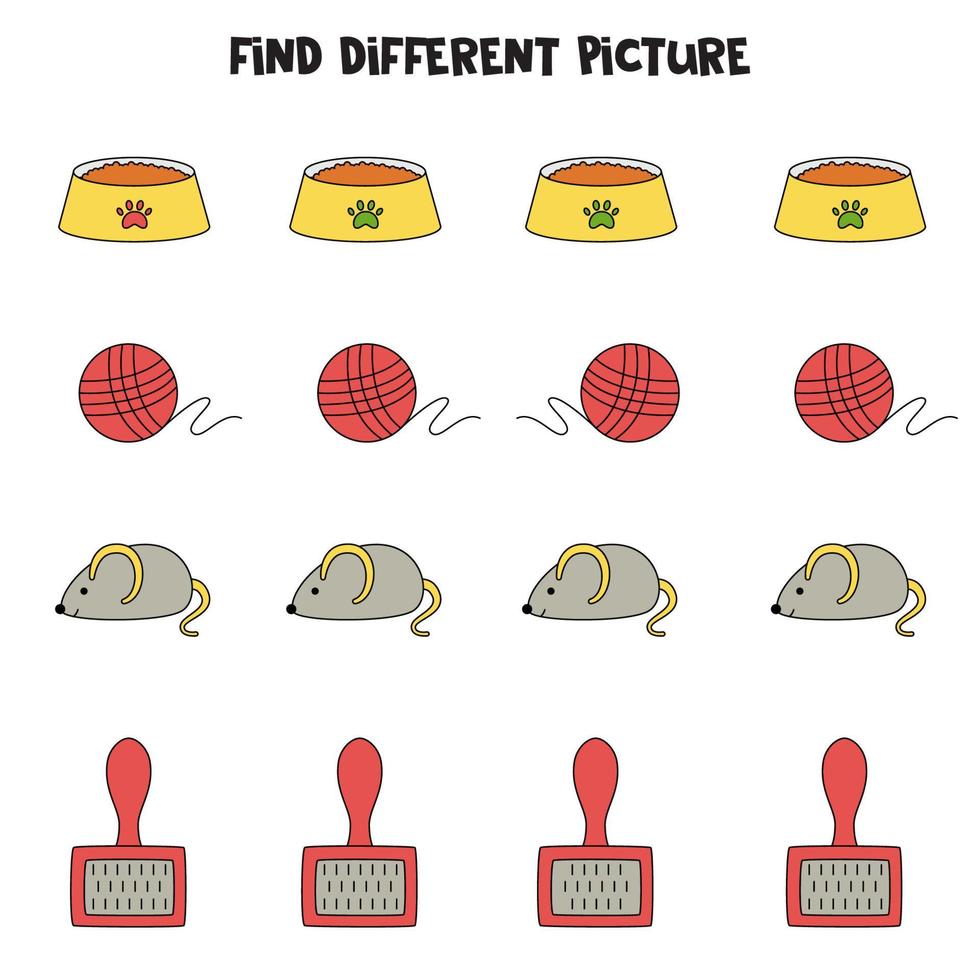Find pet accessory which is different from others. Worksheet for kids. vector