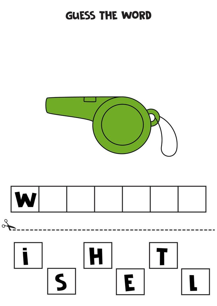 Spelling game for preschool kids. Cartoon green whistle. vector