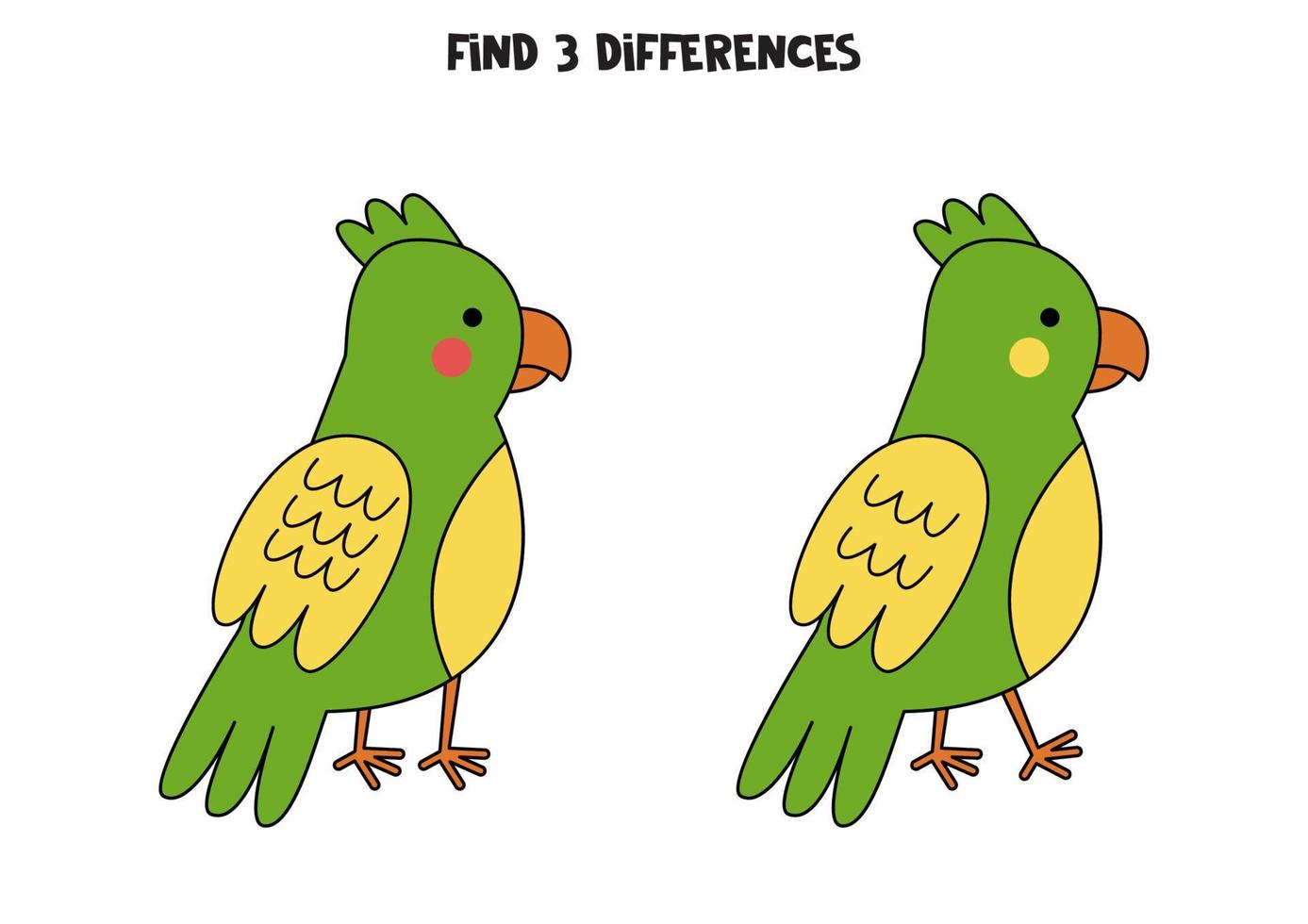 Find 3 differences between two cute parrots. vector