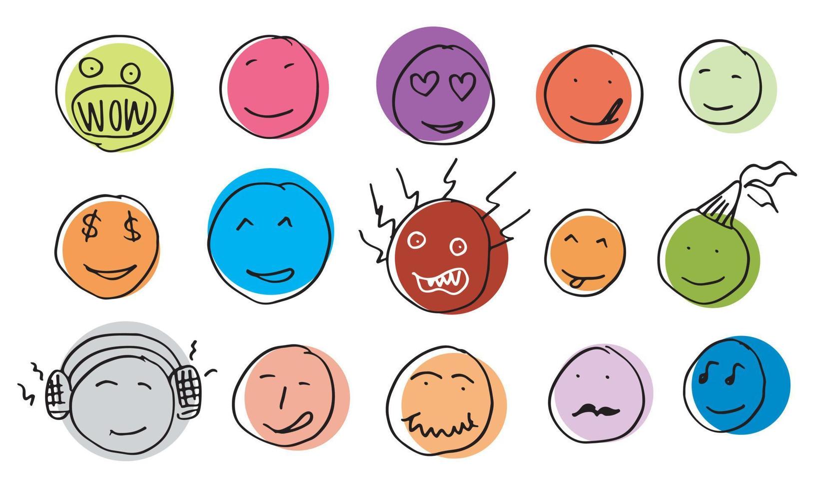 Hand drawn emoticon set,vector illustration.Cartoon style. Flat design. Hand drawn trendy Vector illustration.