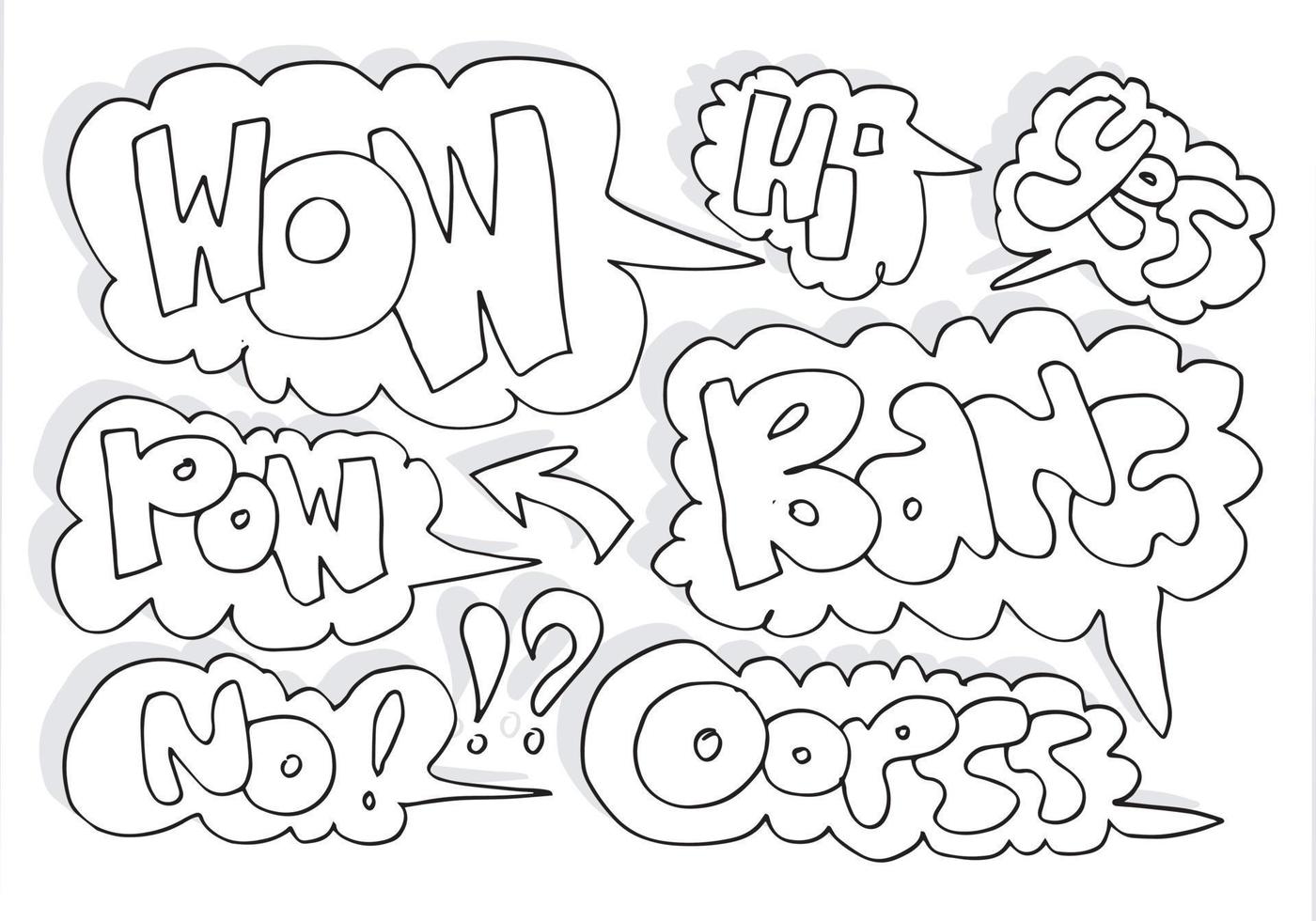 Set collection of comic style explosion lettering emotions hi,pow,wow,yes,no,oopss and bang.Cartoon doodle illustration on white background. vector