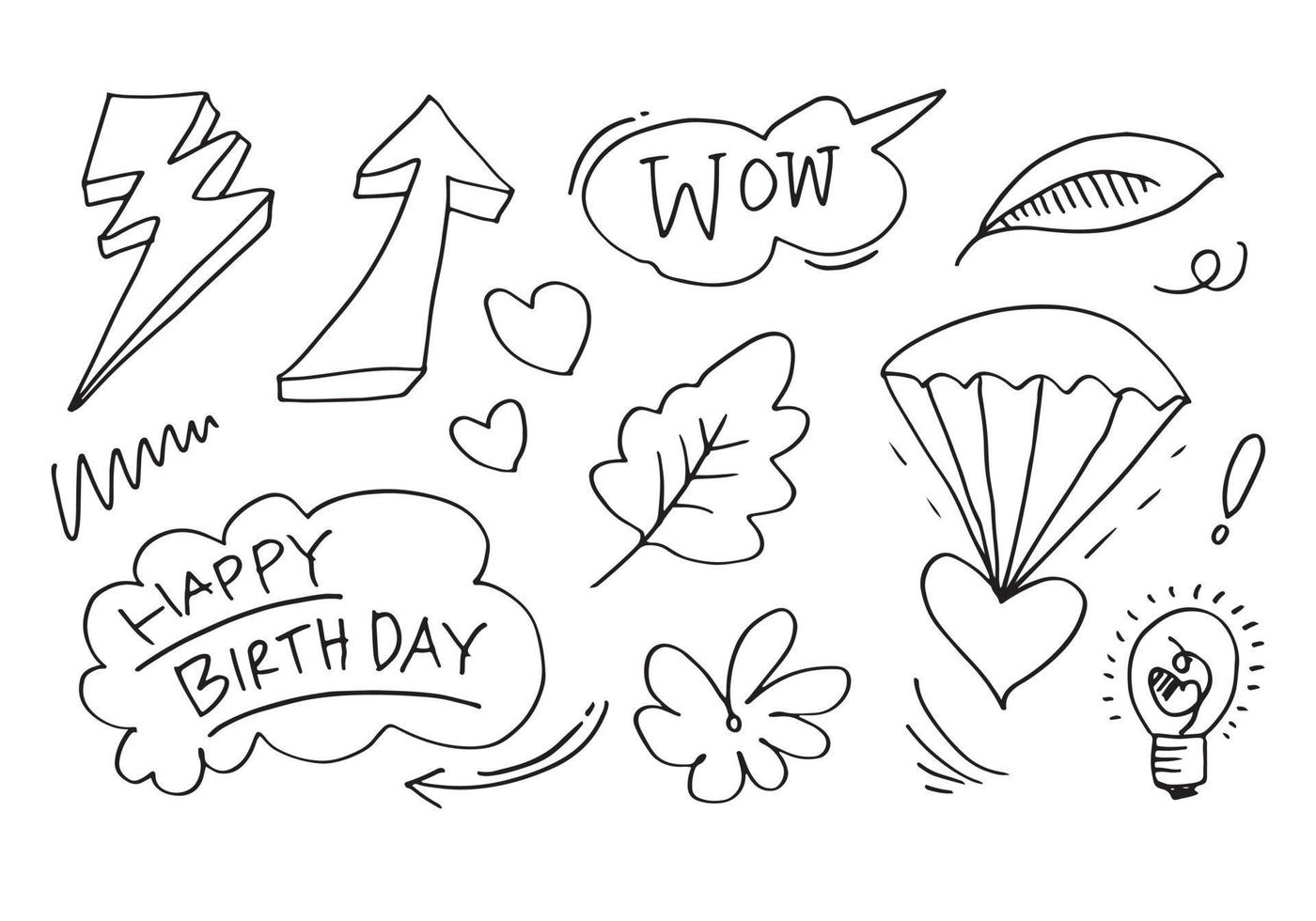 Hand drawn set elements, black on white background. Arrows, hearts, love, thunder, leaves, flowers, bulb, happy birthday and wow text, for concept design. vector