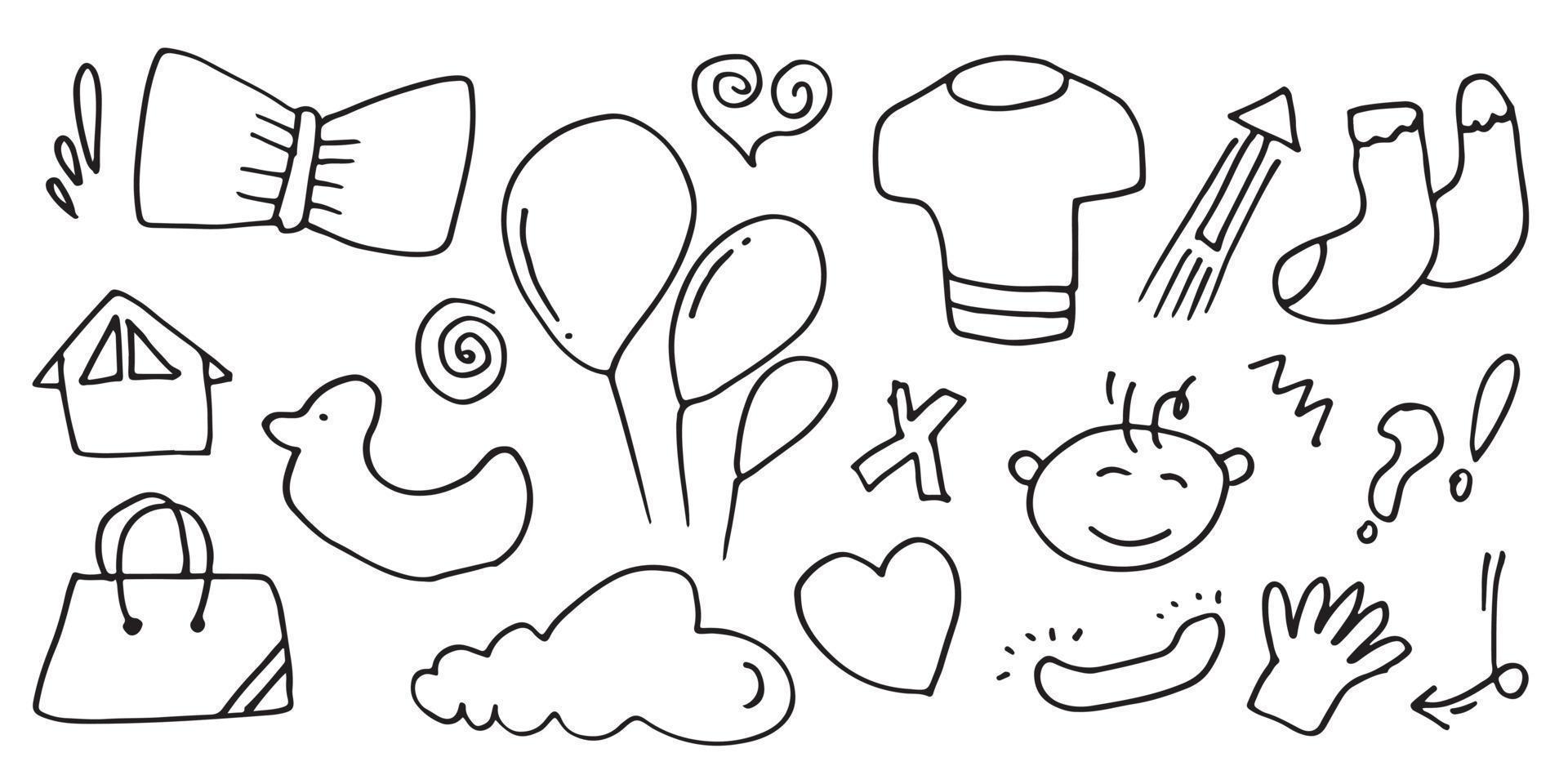 04.epshand drawn set elements, black on white background. arrows, ducks, clouds, t-shirts, balloons, hands, bags, bow ties, emphasis, for concept design. vector