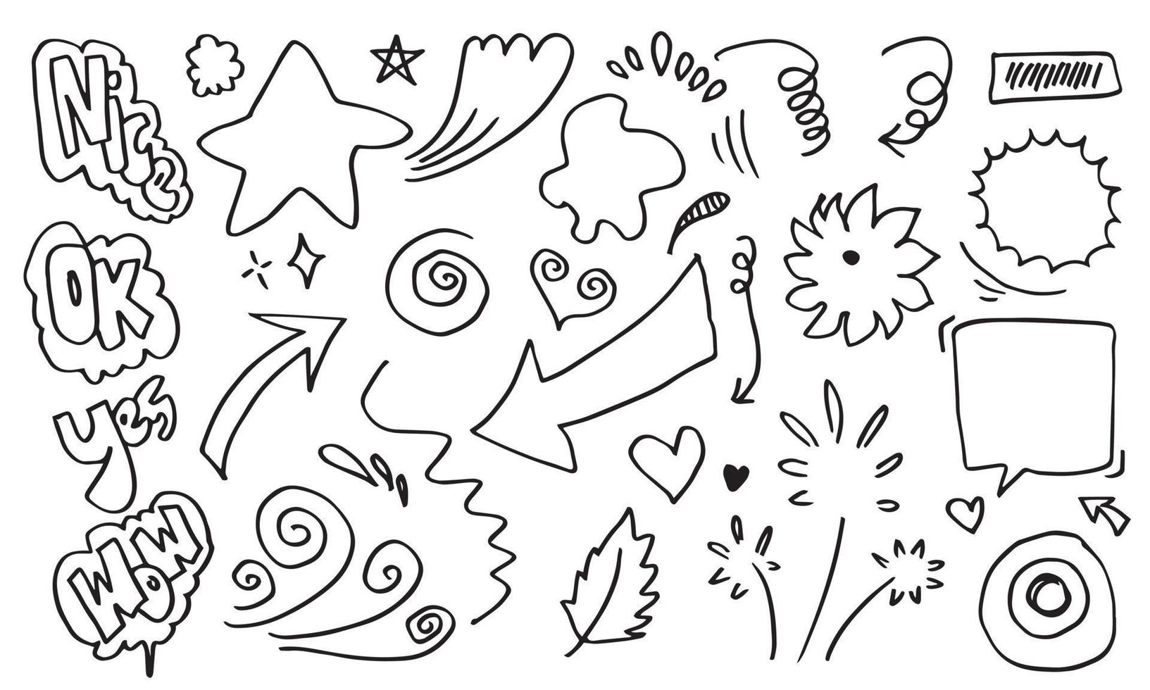 Hand drawn set elements, black on white background. Arrow, heart, love, star, leaf, sun, light, flower, Swishes, swoops, emphasis ,swirl, heart, for concept design. vector