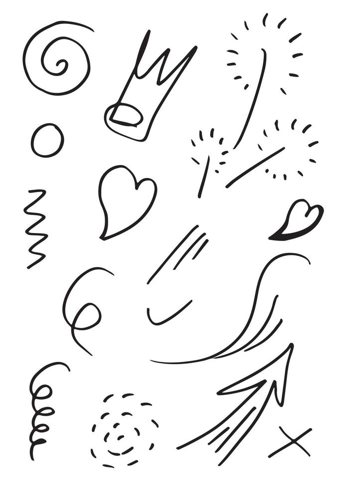 hand drawn set element,black on white background.arrow,heart,light,king,emphasis,swirl,for concept design. vector
