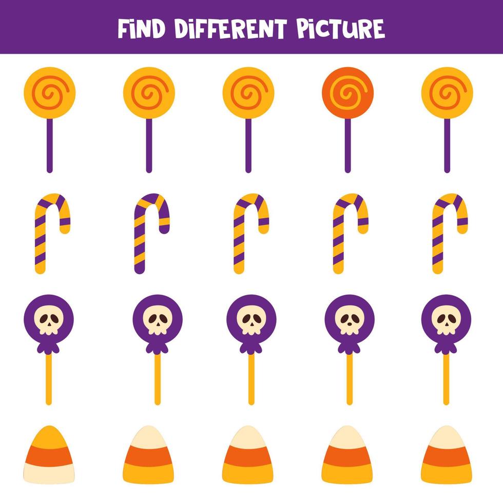 Find Halloween candy which is different from others. Worksheet for kids. vector
