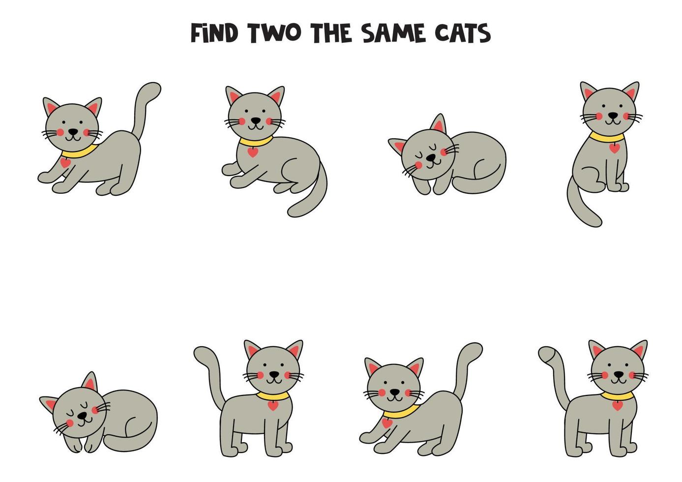 Find two cute identical gray cats. Educational game for preschool children. vector