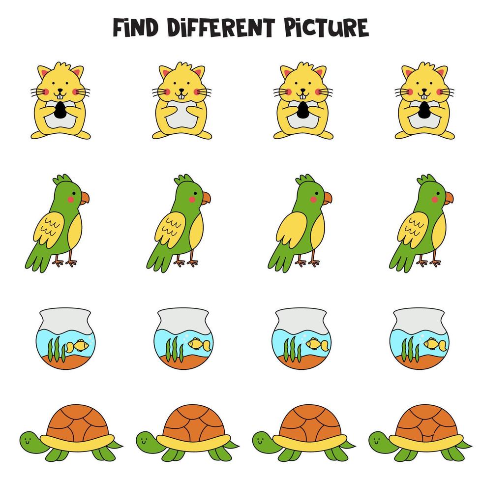 Find cute pet which is different from others. Worksheet for kids. vector