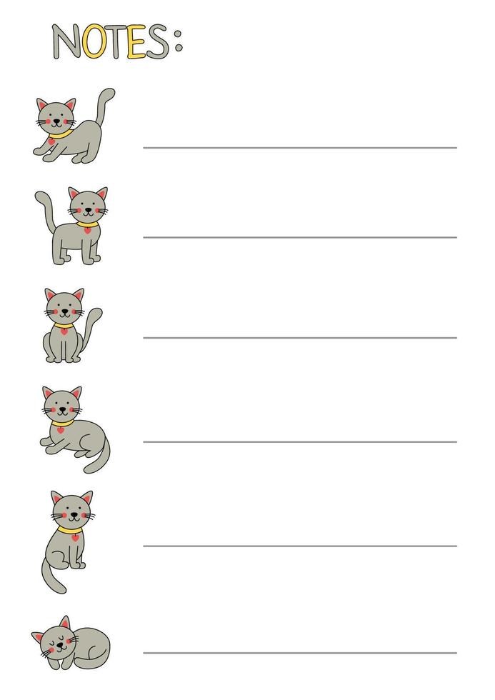 Vector worksheet with notes with cute gray cat.