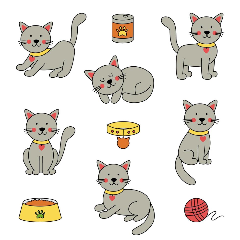 conjunto de lindos gatos y accesorios en estilo de dibujos animados sobre fondo blanco. vector