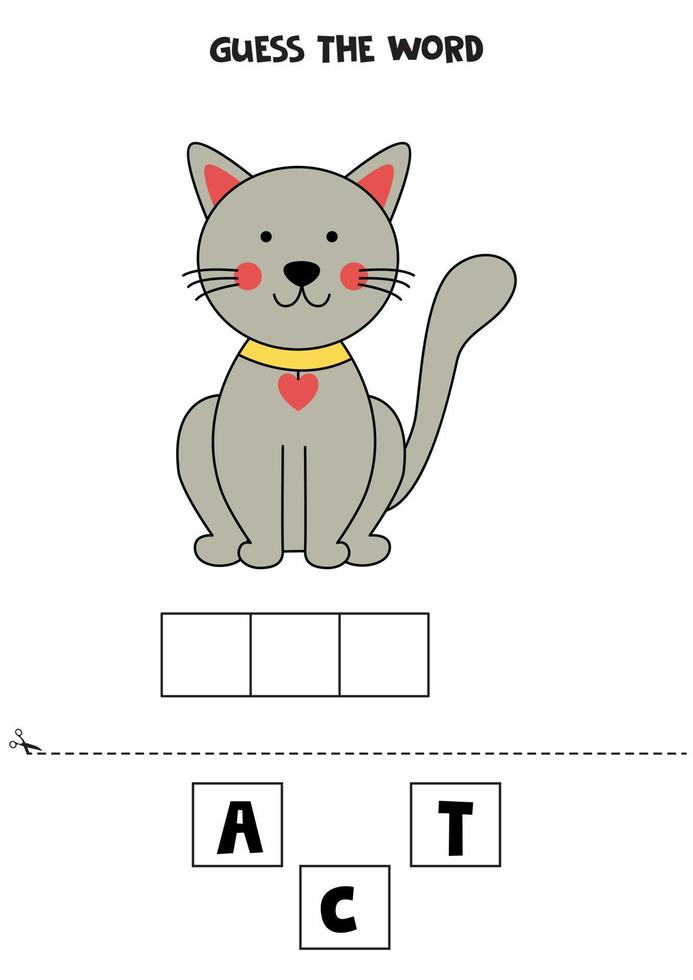 Spelling game for kids. Cartoon gray cat. vector