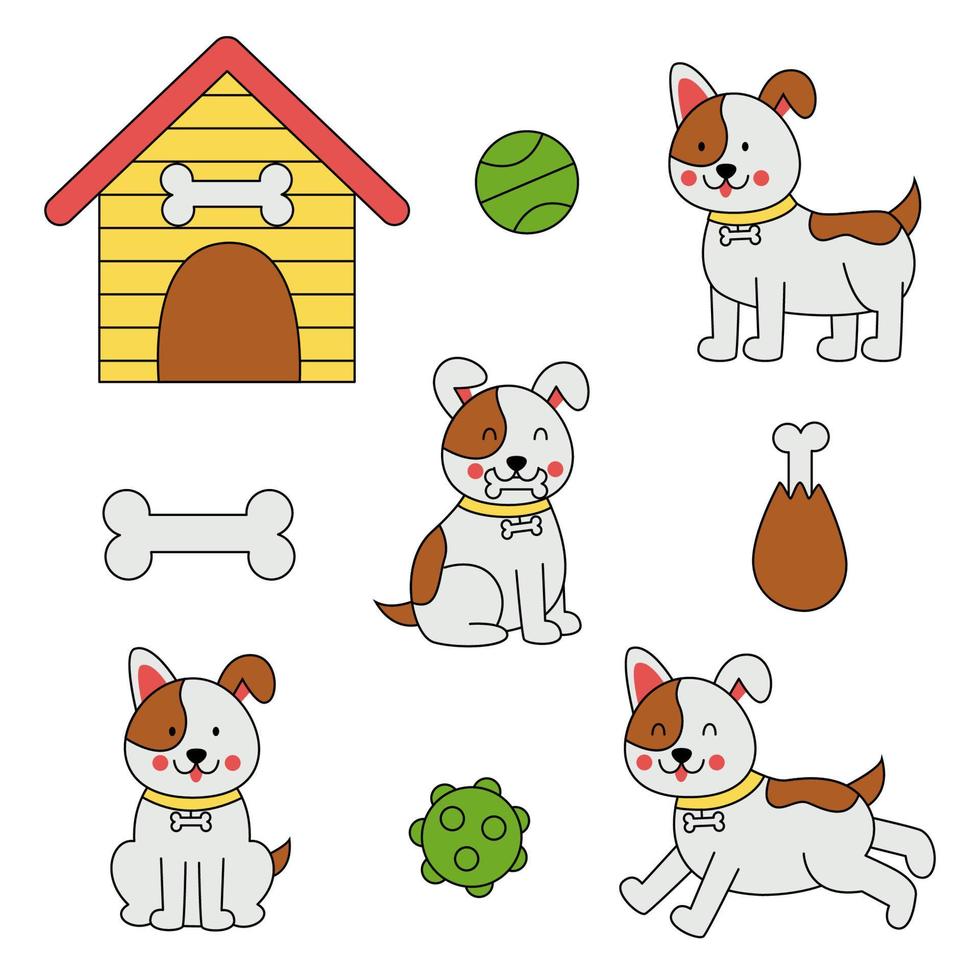 Set of cute dogs and accessories in cartoon style. vector
