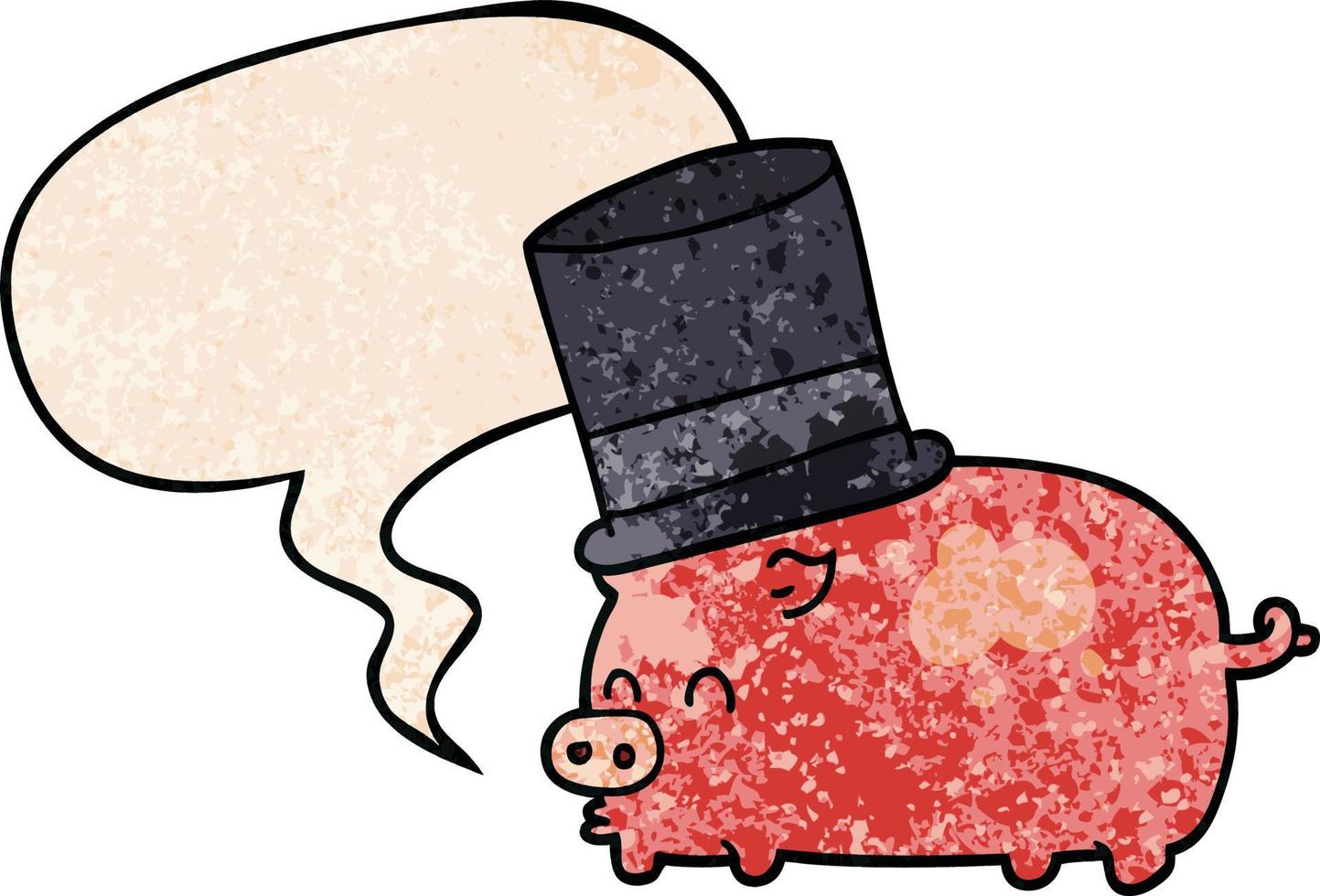 cerdo de dibujos animados con sombrero de copa y burbuja de habla en estilo de textura retro vector