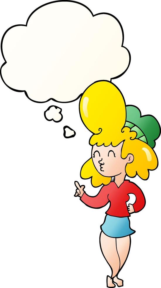 cartoon woman with big hair and thought bubble in smooth gradient style vector