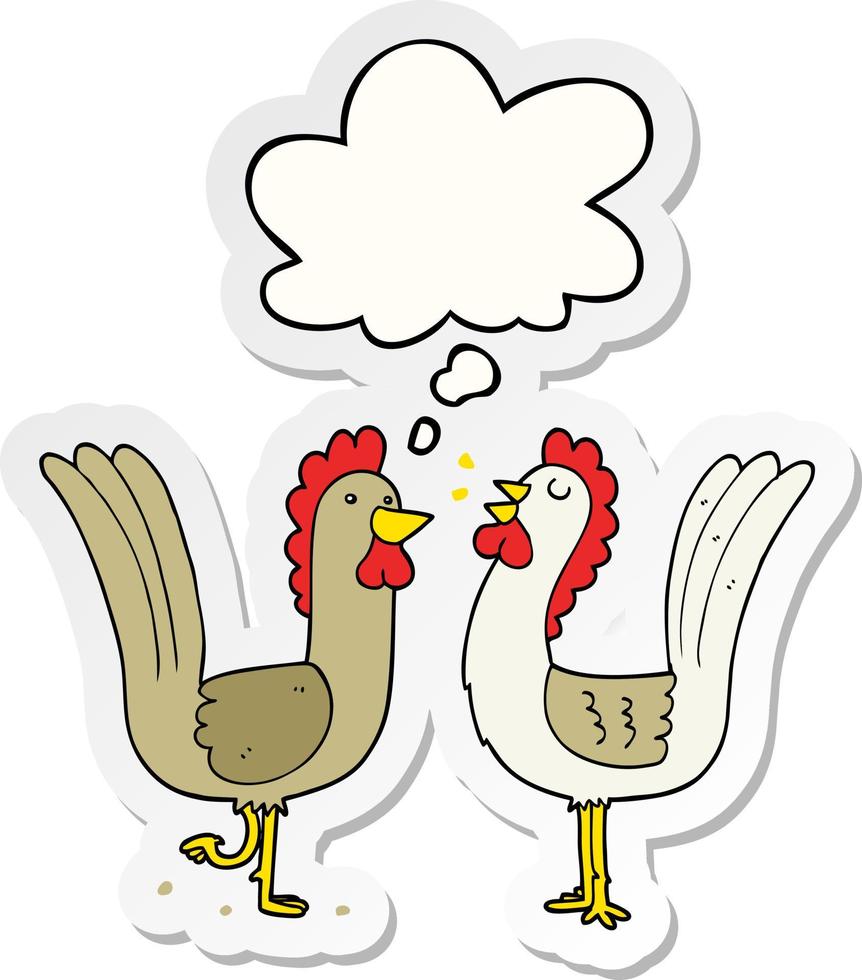 cartoon chickens and thought bubble as a printed sticker vector