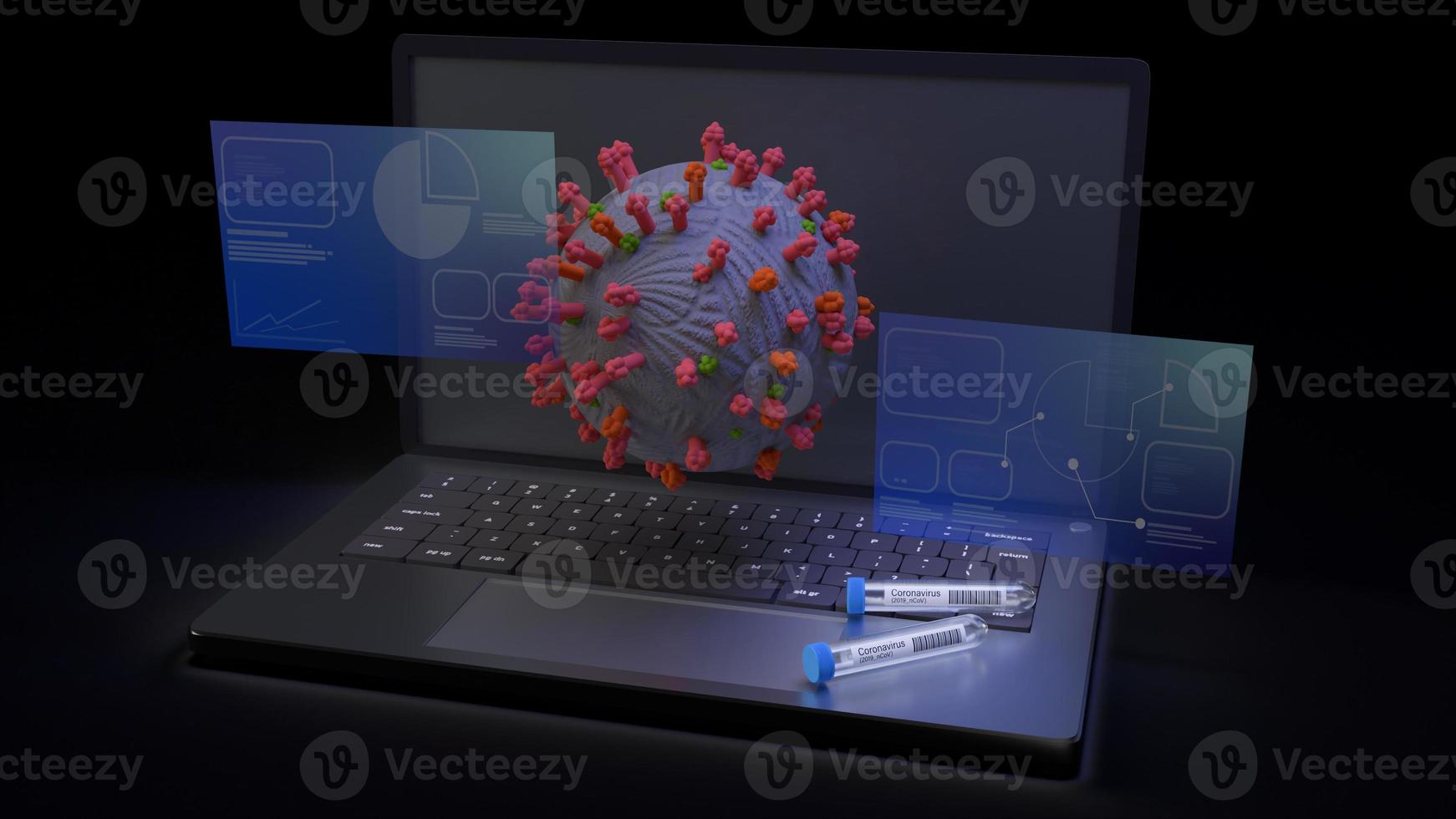 corona virus and  science tube on notebook 3d rendering for medical content. photo
