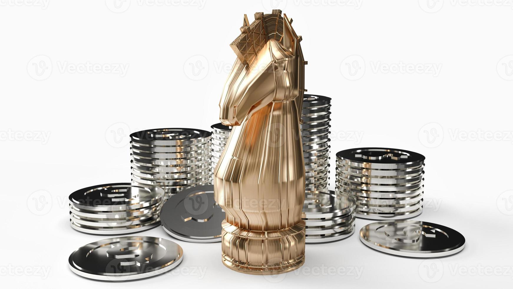 gold knight chess and silver coins 3d rendering on white background for business content. photo