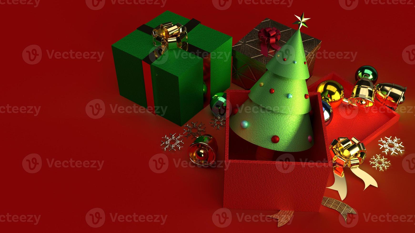 árbol de navidad en caja de regalo renderizado 3d para contenido navideño. foto