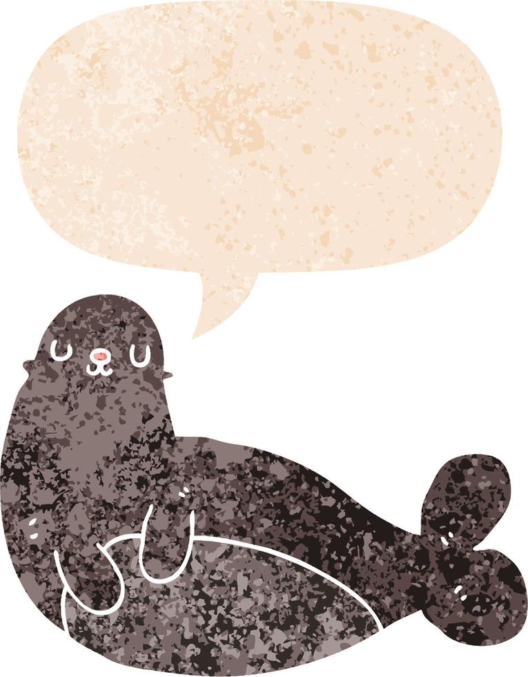 cartoon seal and speech bubble in retro textured style vector