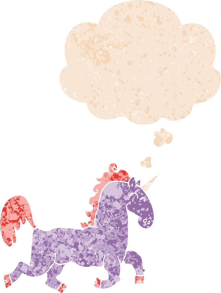 unicornio de dibujos animados y burbuja de pensamiento en estilo retro texturizado vector