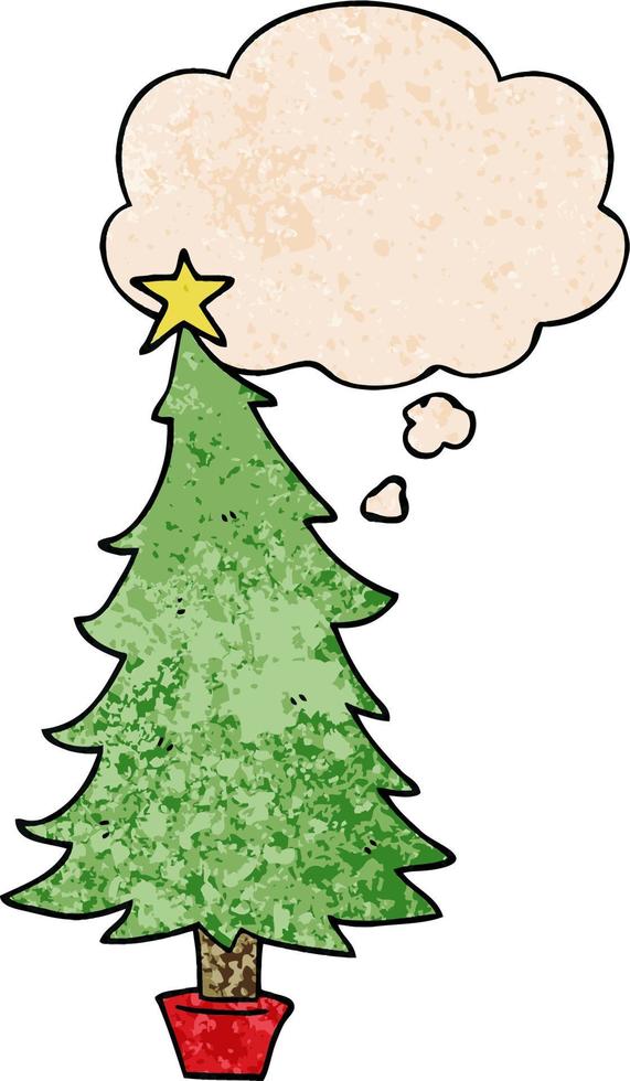 cartoon christmas tree and thought bubble in grunge texture pattern style vector