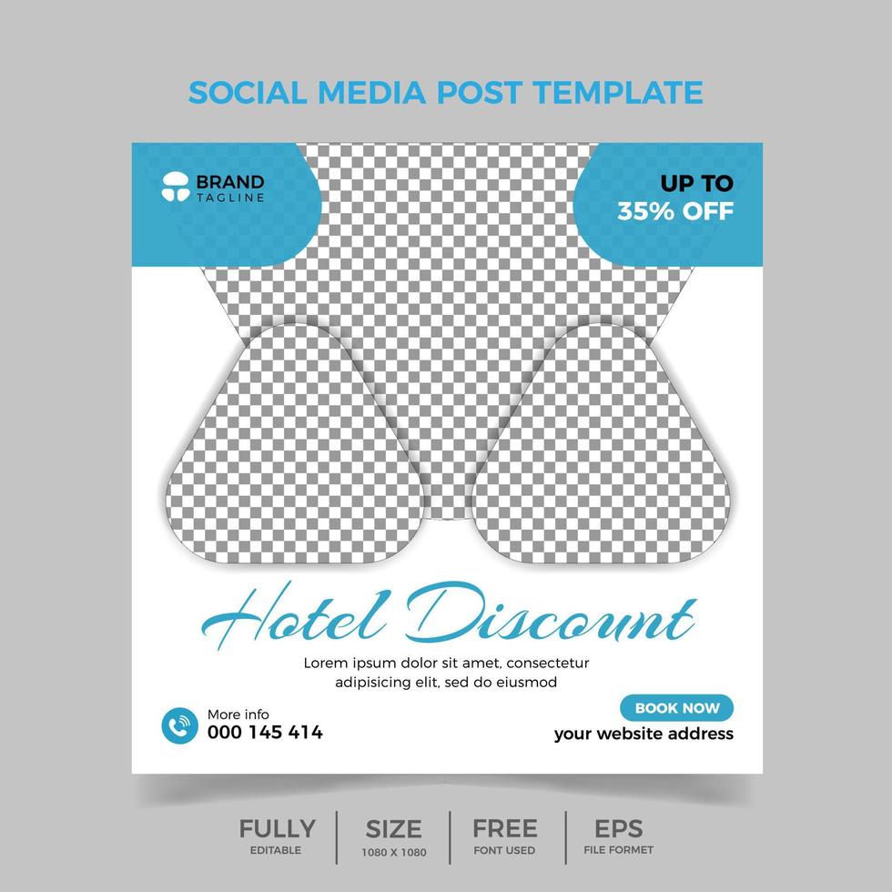 Hotel discount blue banner design template for social media, Social media post banner vector