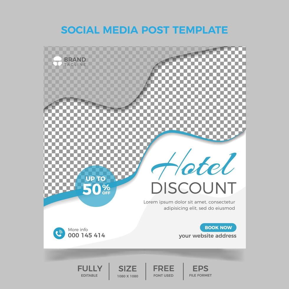 Travel business promotion hotel discount blue banner design template for social media vector