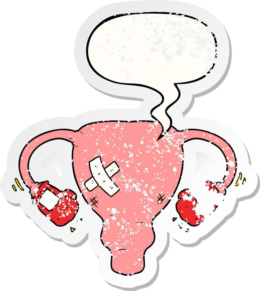 cartoon beat up uterus and boxing gloves and speech bubble distressed sticker vector