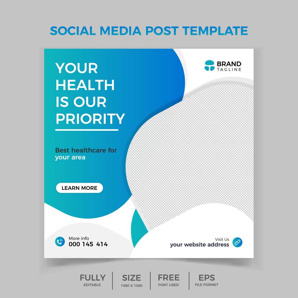 Medical social media post template. Modern banner design with blue color decoration and place for the photo. Medical social media post design template vector
