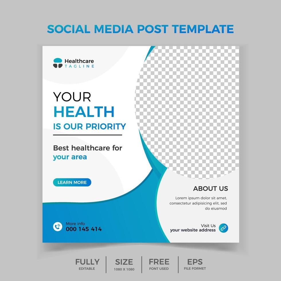 Modern banner design with blue color decoration and place for the photo. Colorful Medical social media post template. Medical social media post design template vector