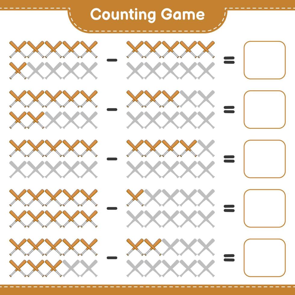 Count and match, count the number of Baseball Bat and match with the right numbers. Educational children game, printable worksheet, vector illustration