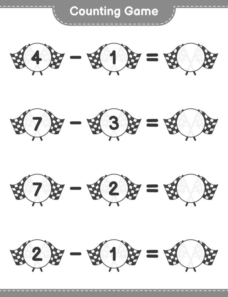 Count and match, count the number of Racing Flags and match with the right numbers. Educational children game, printable worksheet, vector illustration