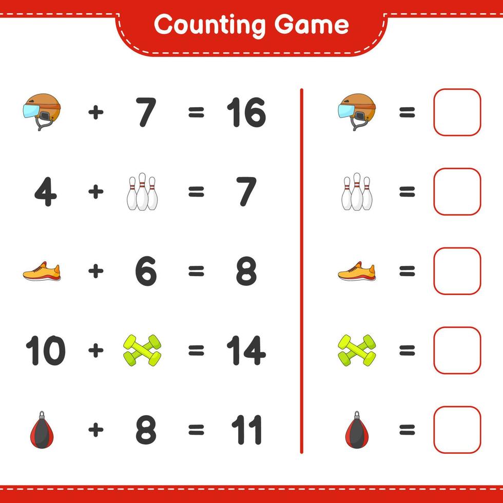 Count and match, count the number of Hockey Helmet, Running Shoes, Bowling Pin, Dumbbell Punching Bag and match with the right numbers. Educational children game, printable worksheet vector