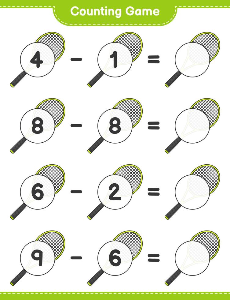 Count and match, count the number of Tennis Racket and match with the right numbers. Educational children game, printable worksheet, vector illustration
