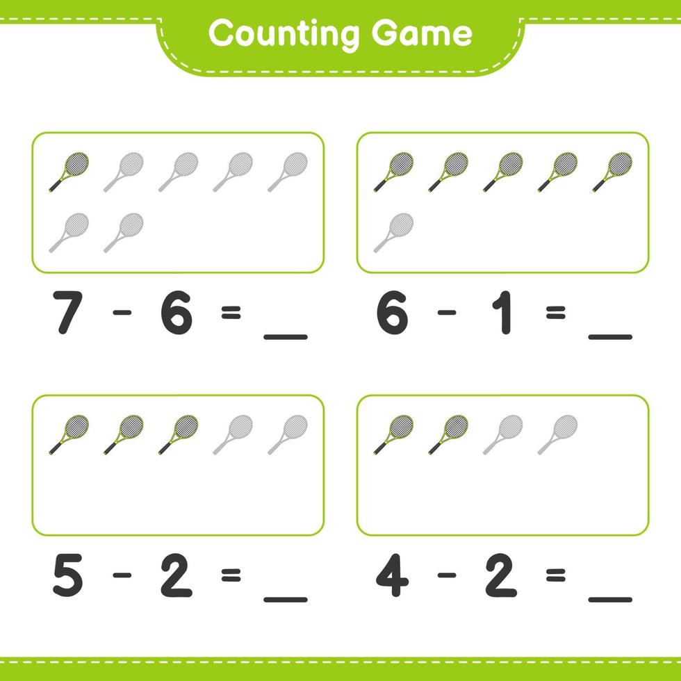 Count and match, count the number of Tennis Racket and match with the right numbers. Educational children game, printable worksheet, vector illustration