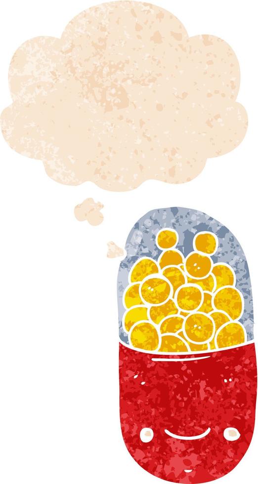 cartoon pill and thought bubble in retro textured style vector
