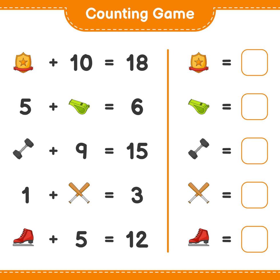 Count and match, count the number of Ice Skates, Whistle, Dumbbell, Baseball Bat, Trophy and match with the right numbers. Educational children game, printable worksheet, vector illustration