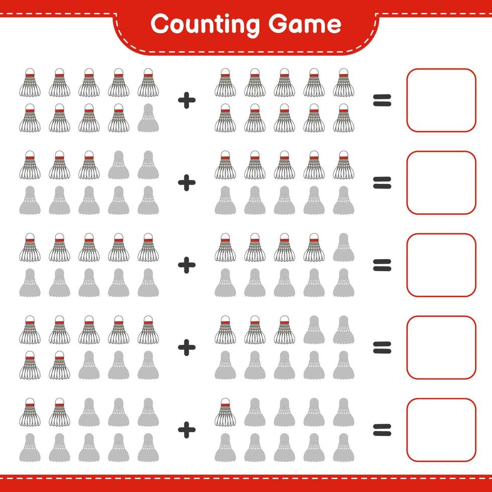 Count and match, count the number of Shuttlecock and match with the right numbers. Educational children game, printable worksheet, vector illustration