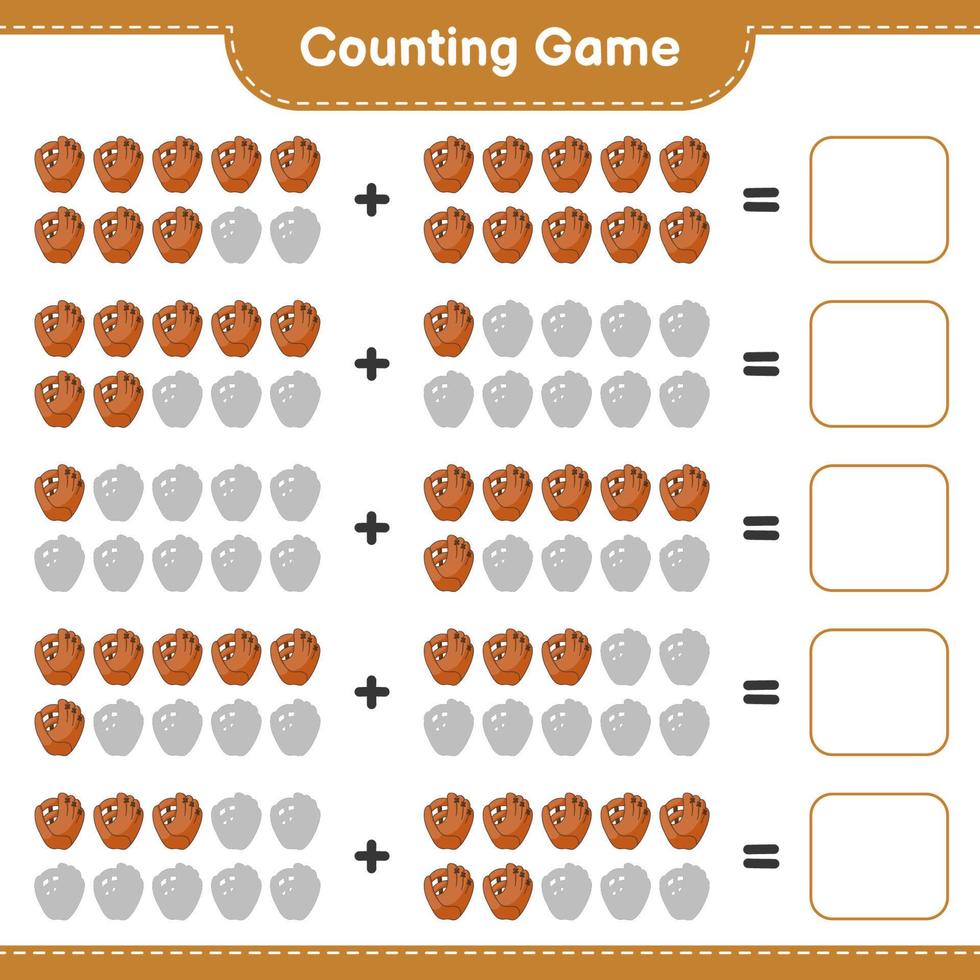 cuenta y empareja, cuenta el número de guantes de béisbol y empareja con los números correctos. juego educativo para niños, hoja de cálculo imprimible, ilustración vectorial vector