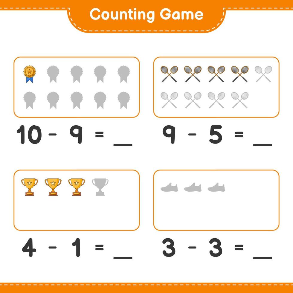 Count and match, count the number of Trophy, Running Shoes, Badminton Rackets and match with the right numbers. Educational children game, printable worksheet, vector illustration