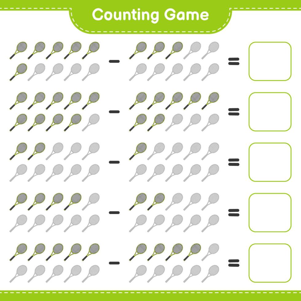 cuenta y empareja, cuenta el número de raquetas de tenis y empareja con los números correctos. juego educativo para niños, hoja de cálculo imprimible, ilustración vectorial vector