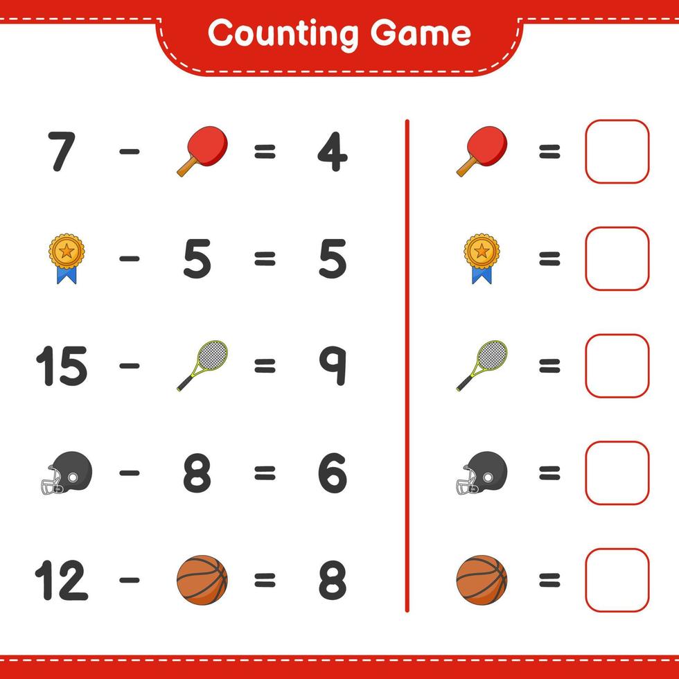 Count and match, count the number of Ping Pong Racket, Basketball, Trophy, Football Helmet, Tennis Racket and match with the right numbers. Educational children game, printable worksheet vector