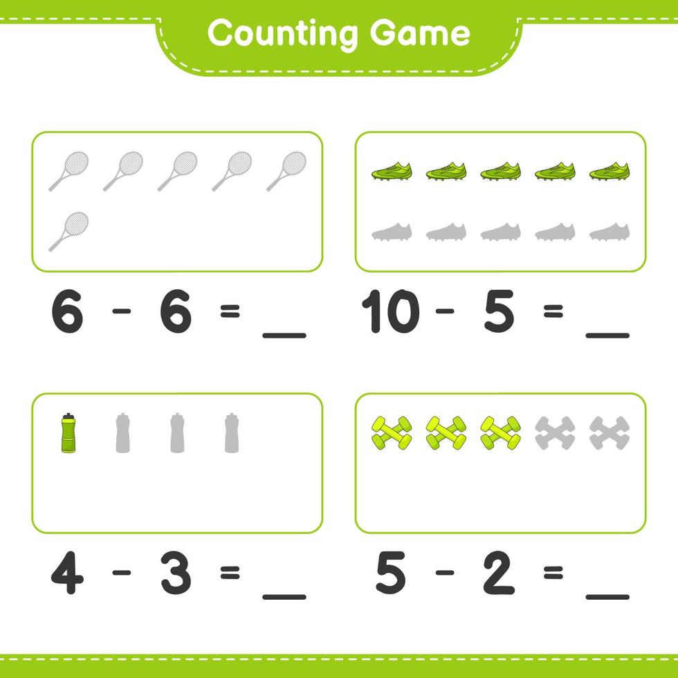 Count and match, count the number of Water Bottle, Tennis Racket, Soccer Shoes, Dumbbell and match with the right numbers. Educational children game, printable worksheet, vector illustration
