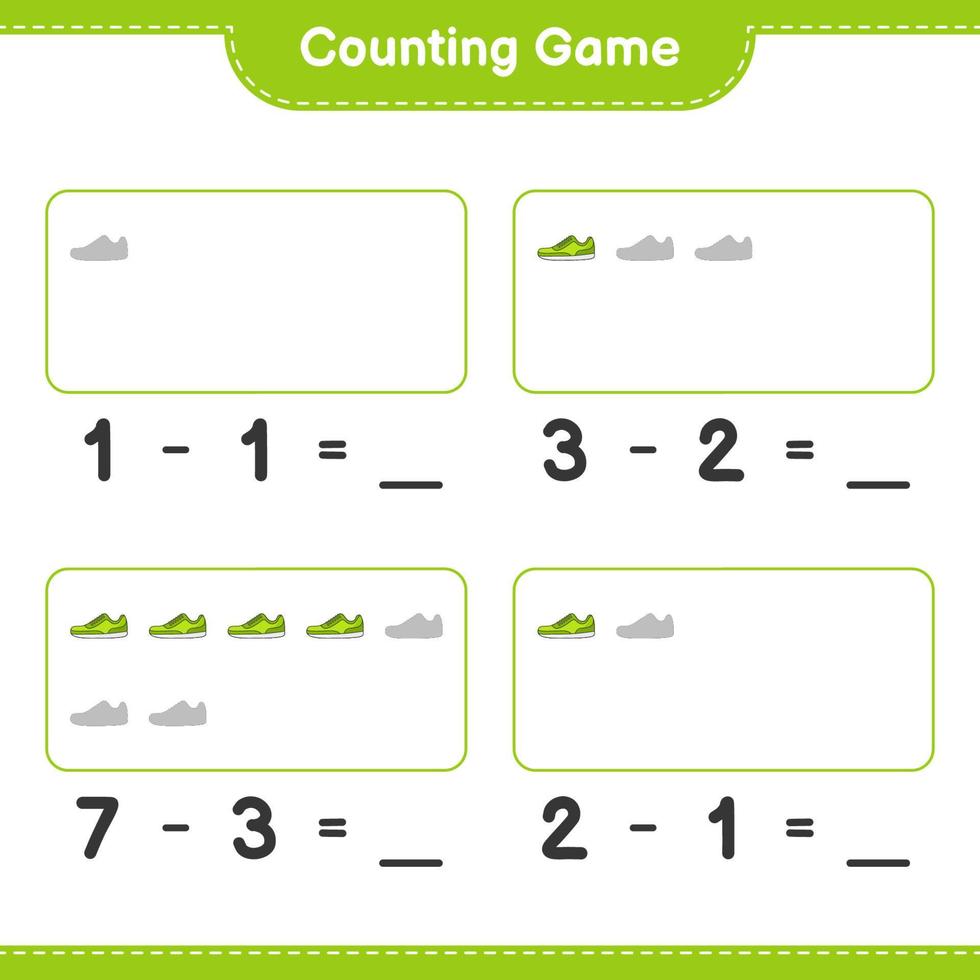 Count and match, count the number of Sneaker and match with the right numbers. Educational children game, printable worksheet, vector illustration