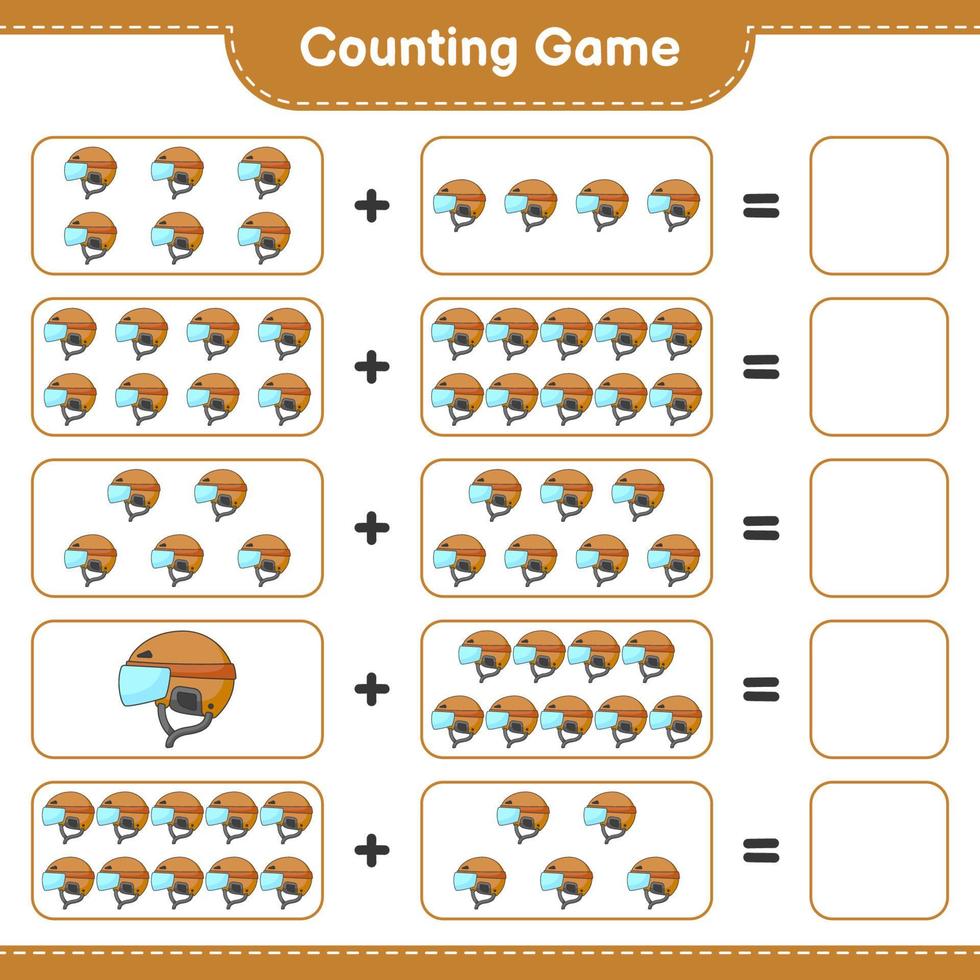 Count and match, count the number of Hockey Helmet and match with the right numbers. Educational children game, printable worksheet, vector illustration