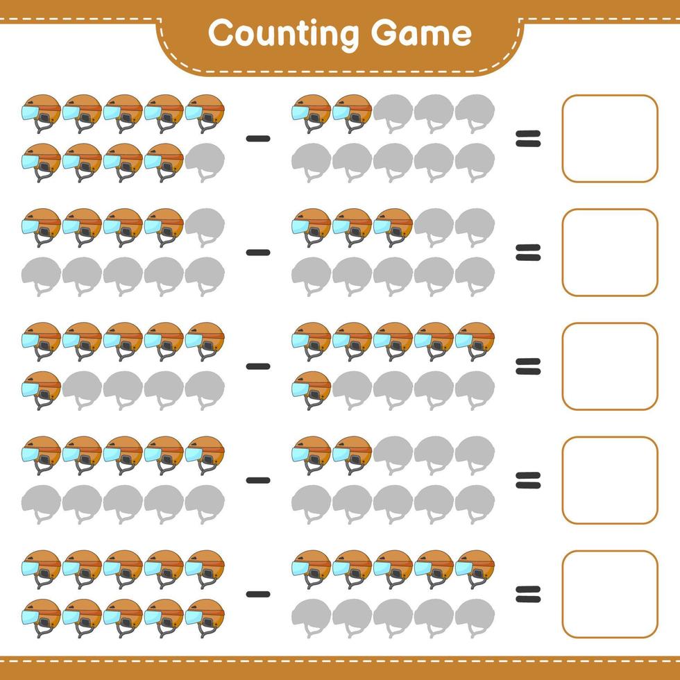 Count and match, count the number of Hockey Helmet and match with the right numbers. Educational children game, printable worksheet, vector illustration