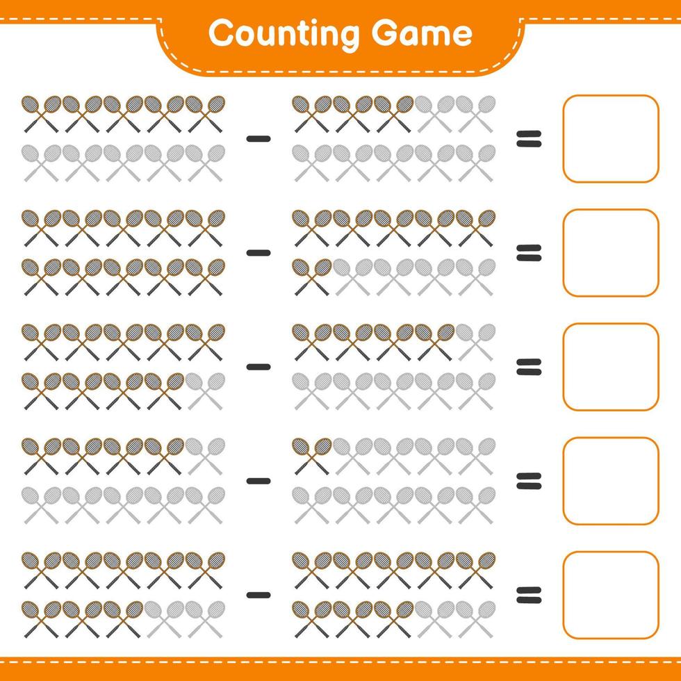 Count and match, count the number of Badminton Rackets and match with the right numbers. Educational children game, printable worksheet, vector illustration